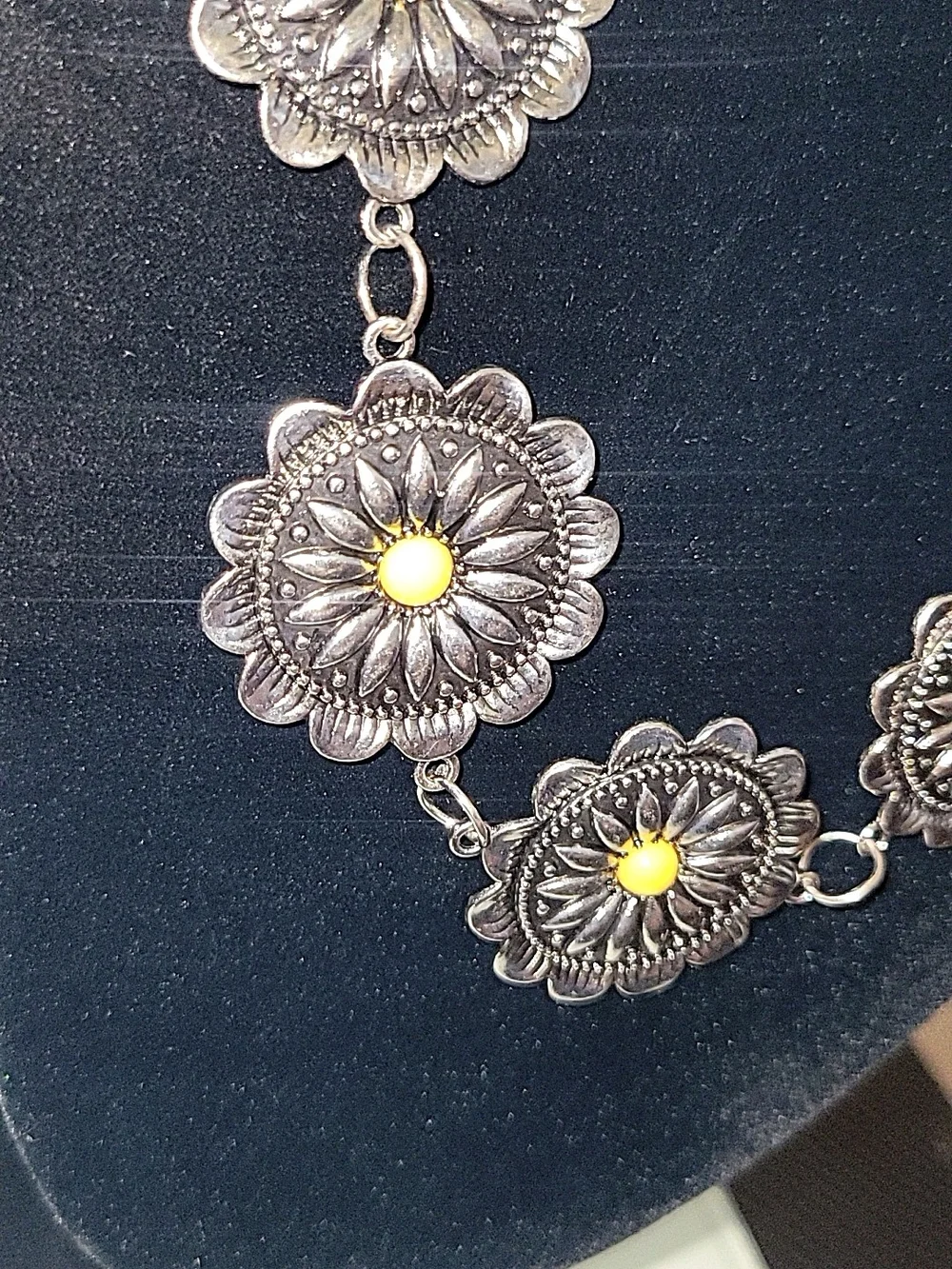 Silver Tone Floral Concho Necklace & Mustard Yellow Beaded Earrings Set